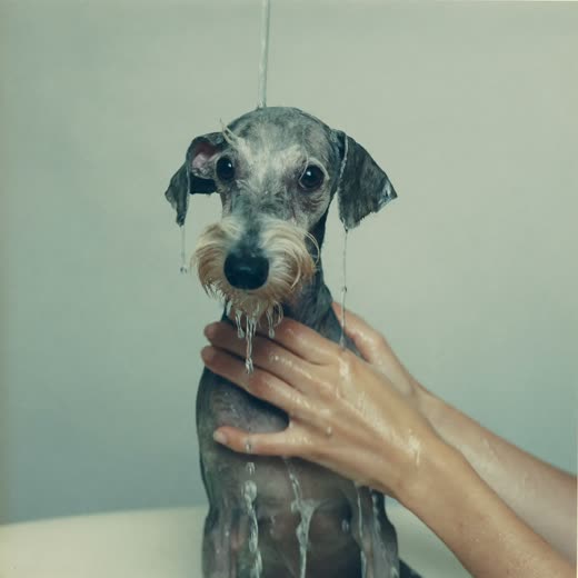 A small dog being bathed and lathered