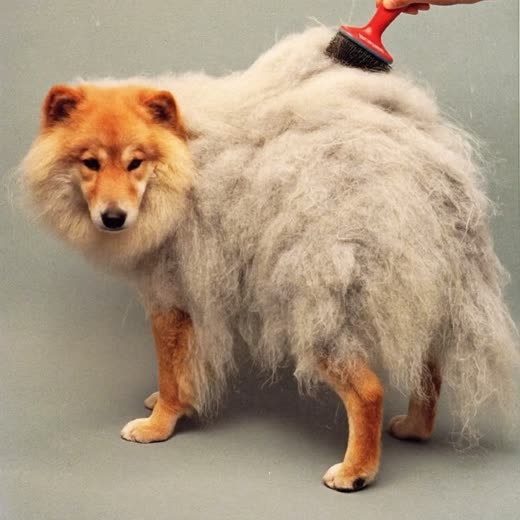 A thick-coated dog being brushed out during a de-shedding treatment